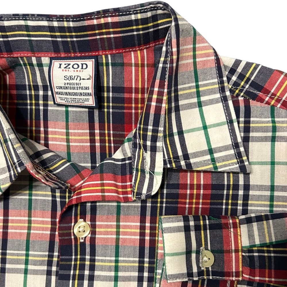 IZOD Boys Plaid Button Down Shirt Long Sleeve Red Navy Multi Color Size S 6/7